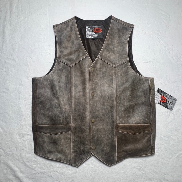 First classic Men's Leather Brown Motorcycle Vest - Picture 1 of 9